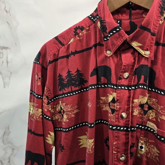 Outdoor Life Shirt Mens Large Red Camp Bear Tree Southwestern Aztec Button Down - Picture 2 of 9